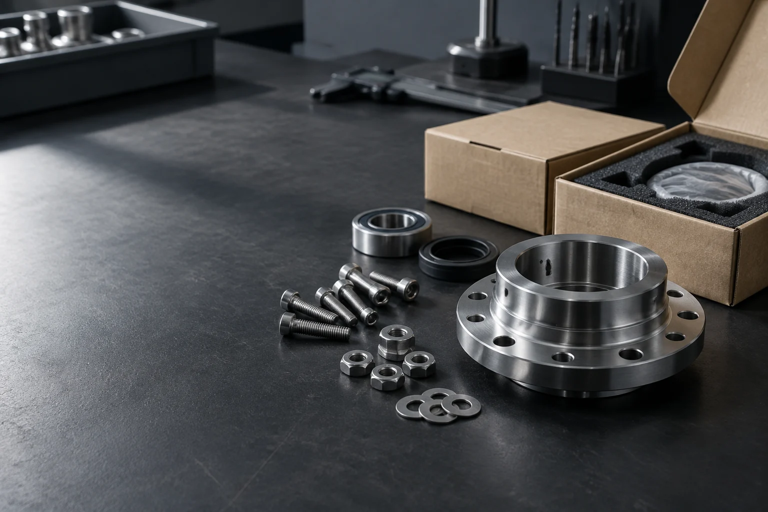 Machined metal parts arranged on an inspection bench
