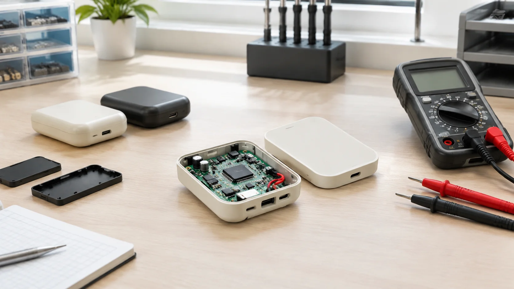 Electronic accessory, circuit board and test equipment on a product review bench