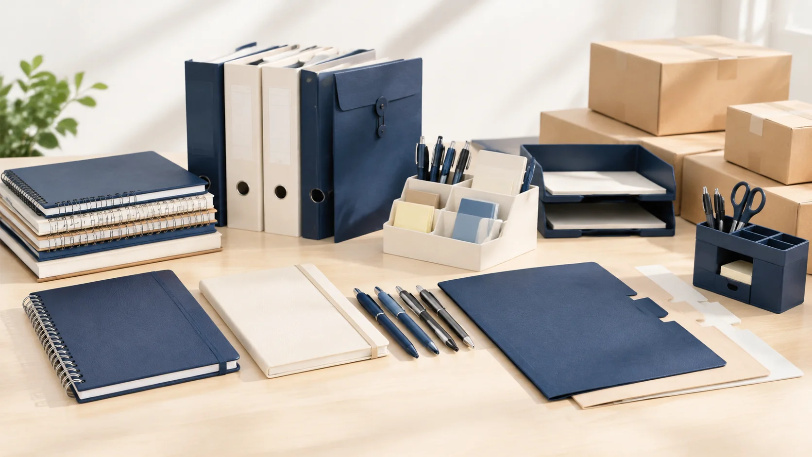 Campioni di forniture per ufficio, organizzatori, quaderni e cartoni su un tavolo di revisione degli appalti