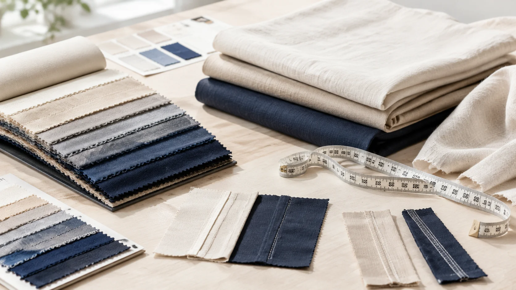 Échantillons de tissu, textiles pliés et échantillons de couture sur une table d'examen de la qualité