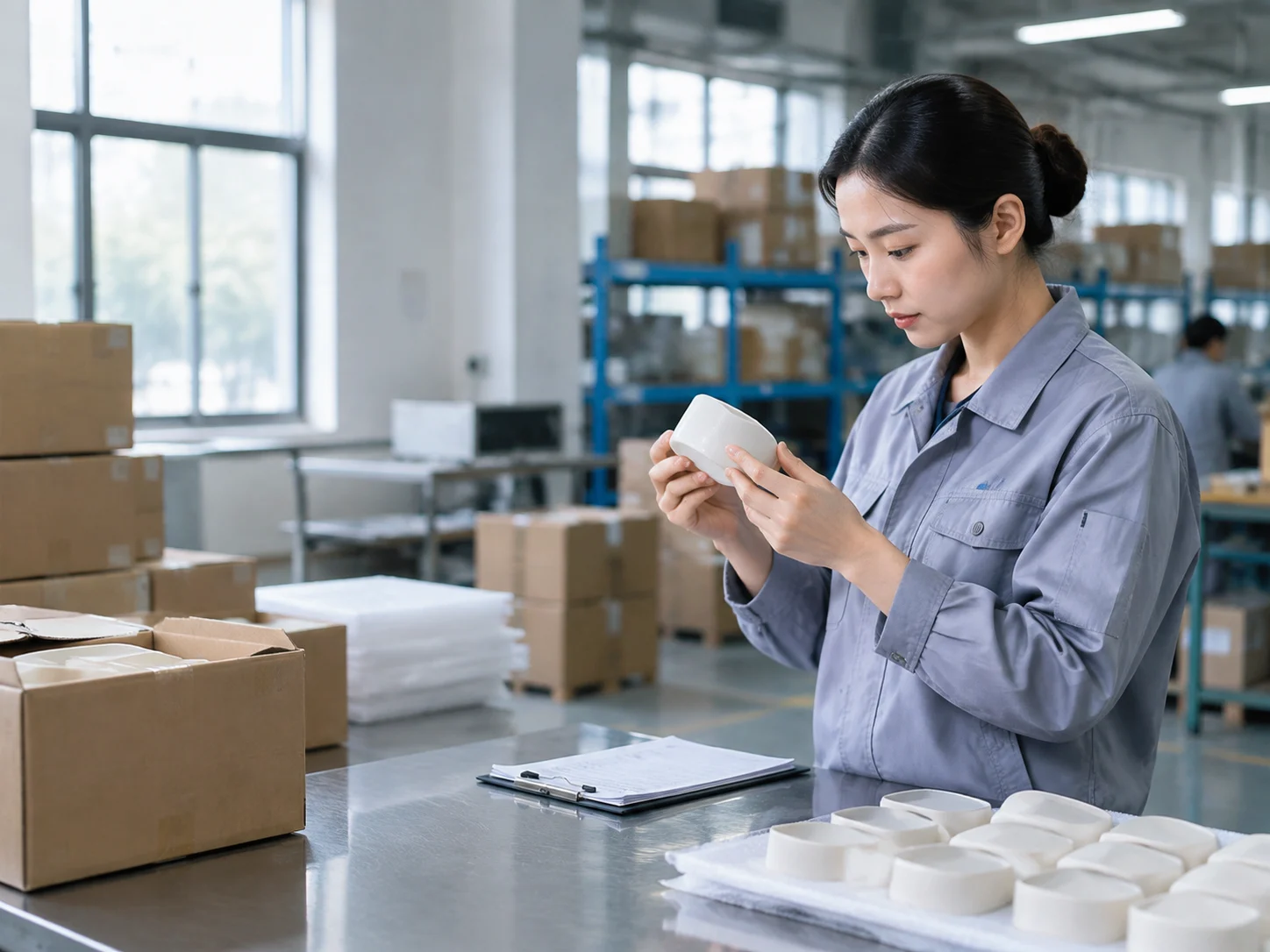 Quality-control worker examining a product sample in a factory