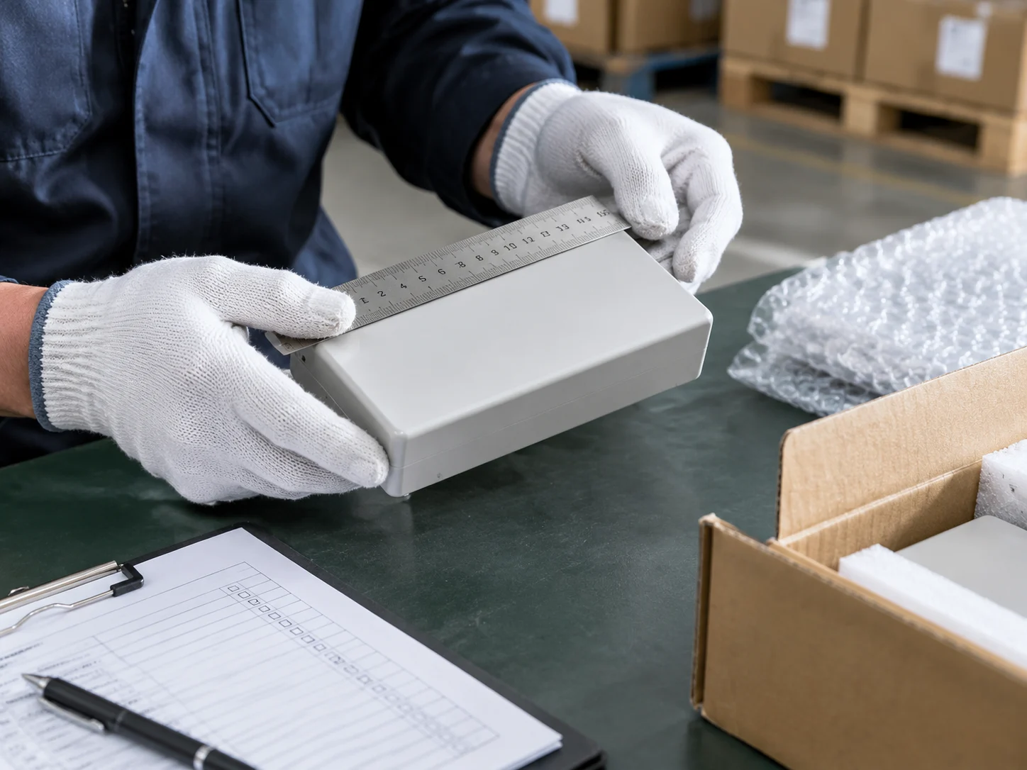 Product measurements being checked against inspection requirements