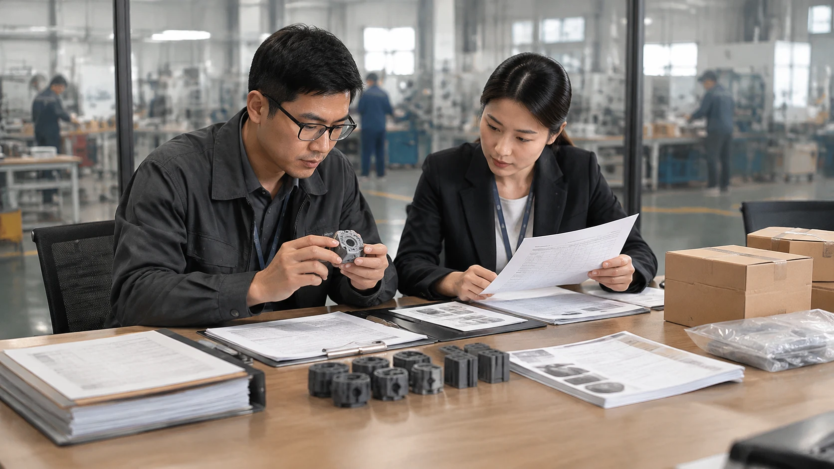 Procurement professionals reviewing product samples against specifications and inspection records