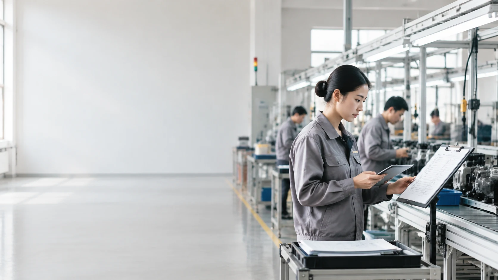 Production coordinator reviewing milestones beside a manufacturing line