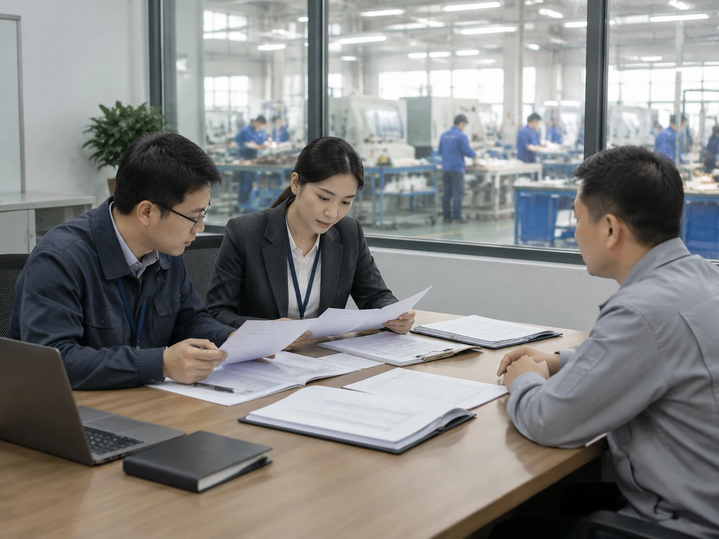 Sourcing auditor reviewing supplier documents and manufacturing capability with a factory representative