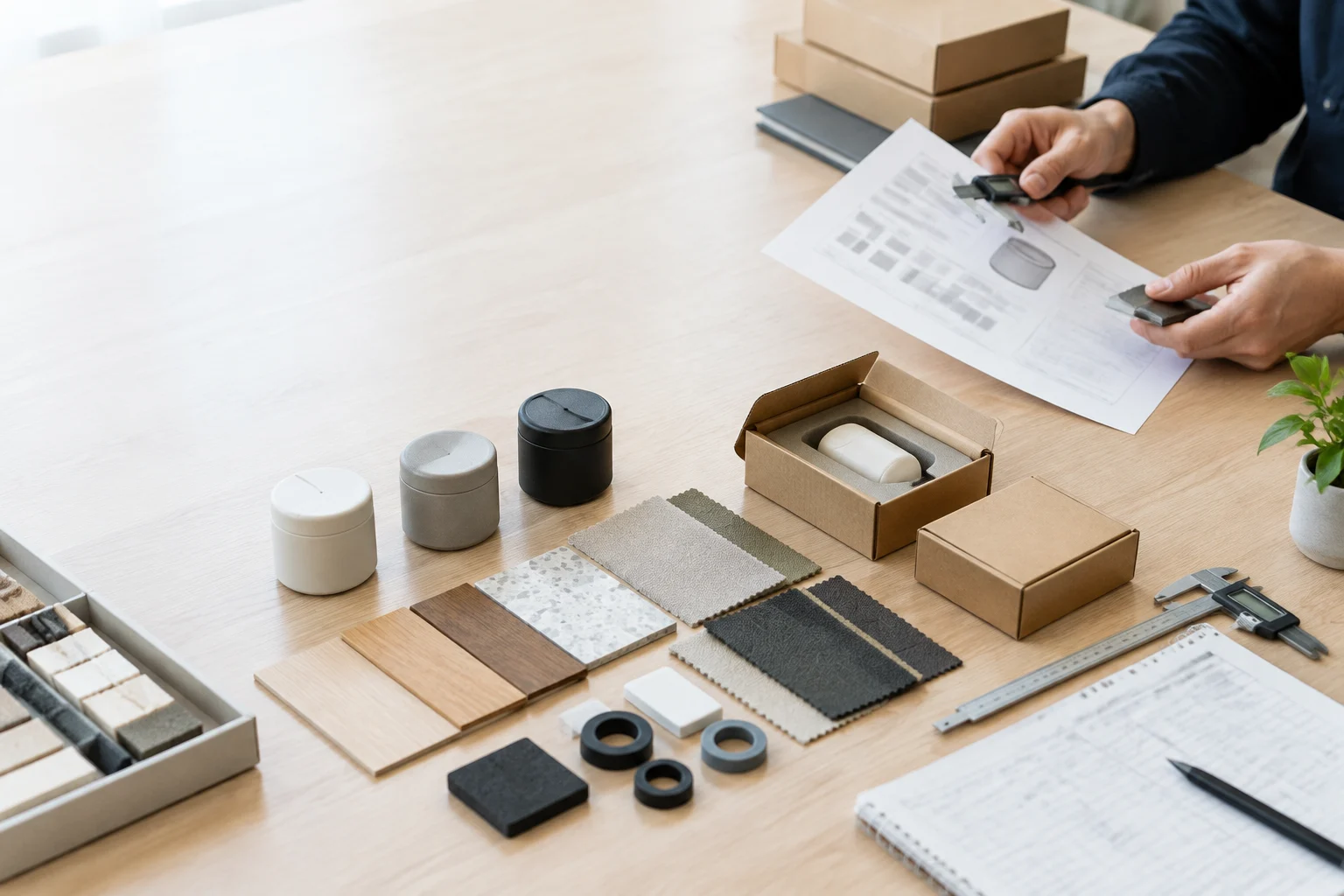 Product samples and materials compared on a table