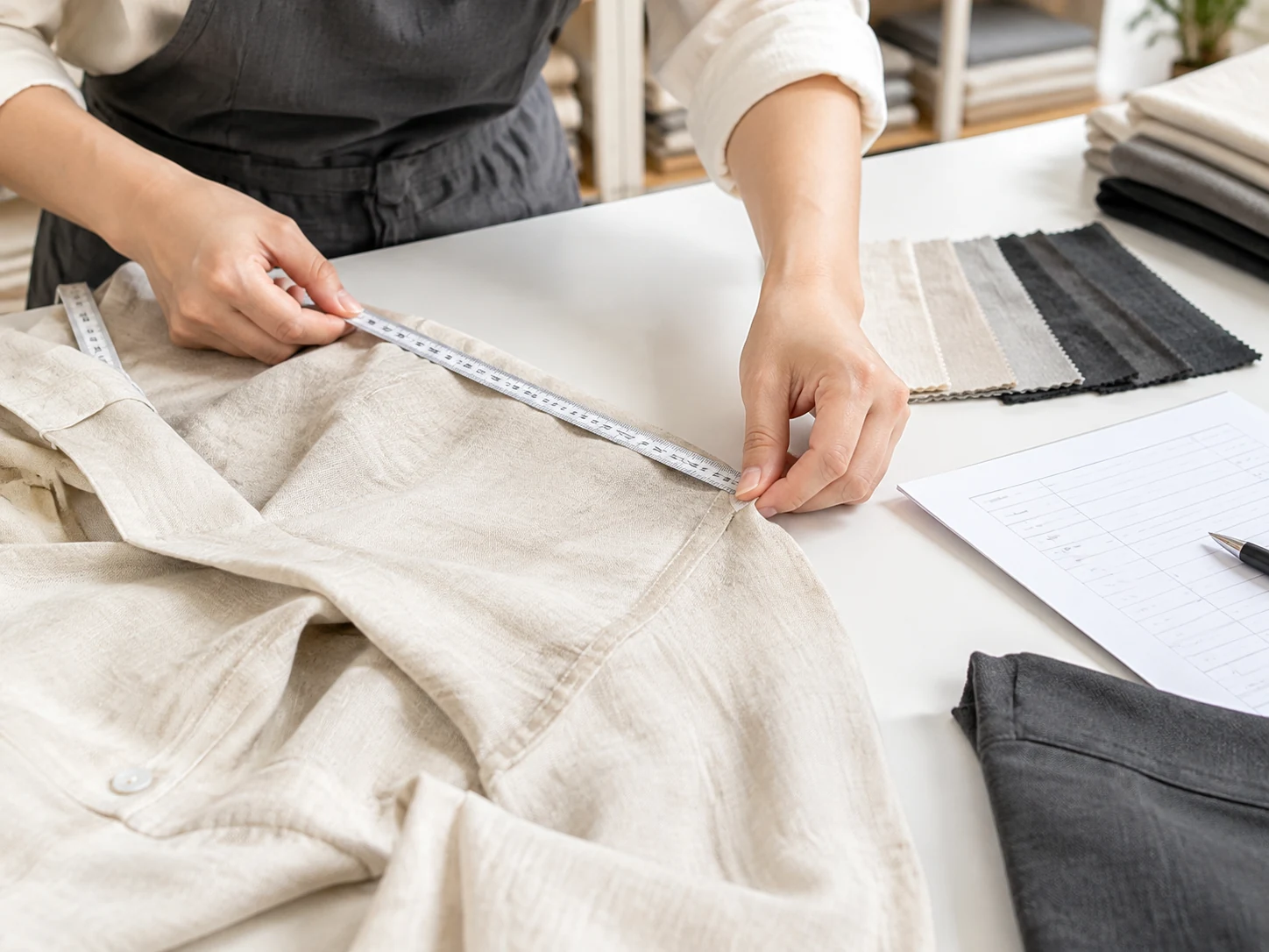 Mesure illustrative d'un vêtement et inspection de la qualité du tissu