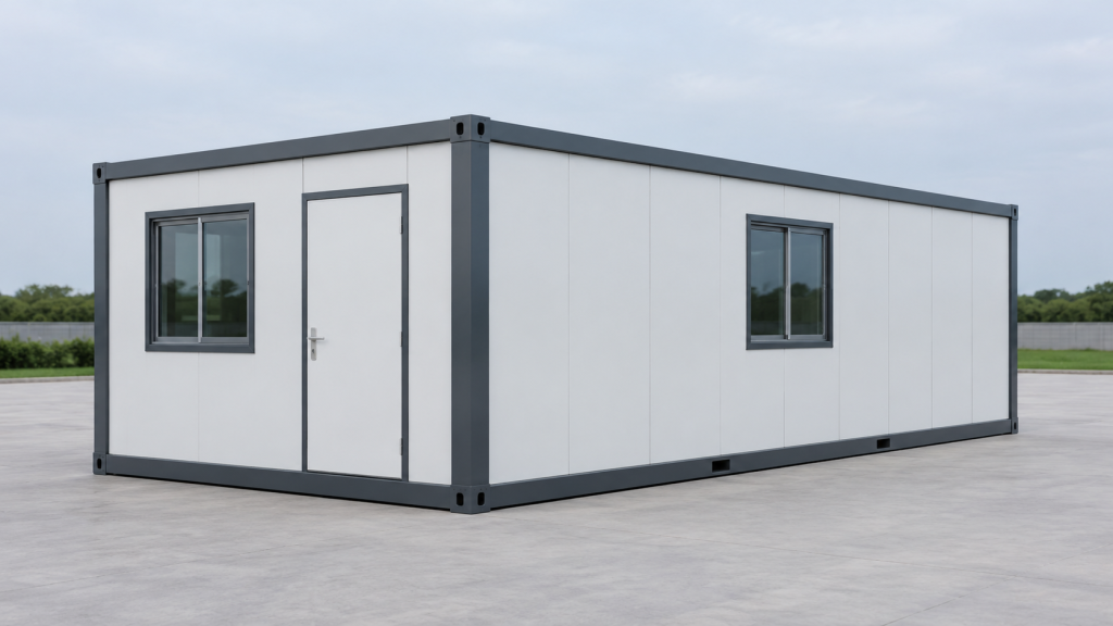 Illustration of a folding container house unfolded for European buyers
